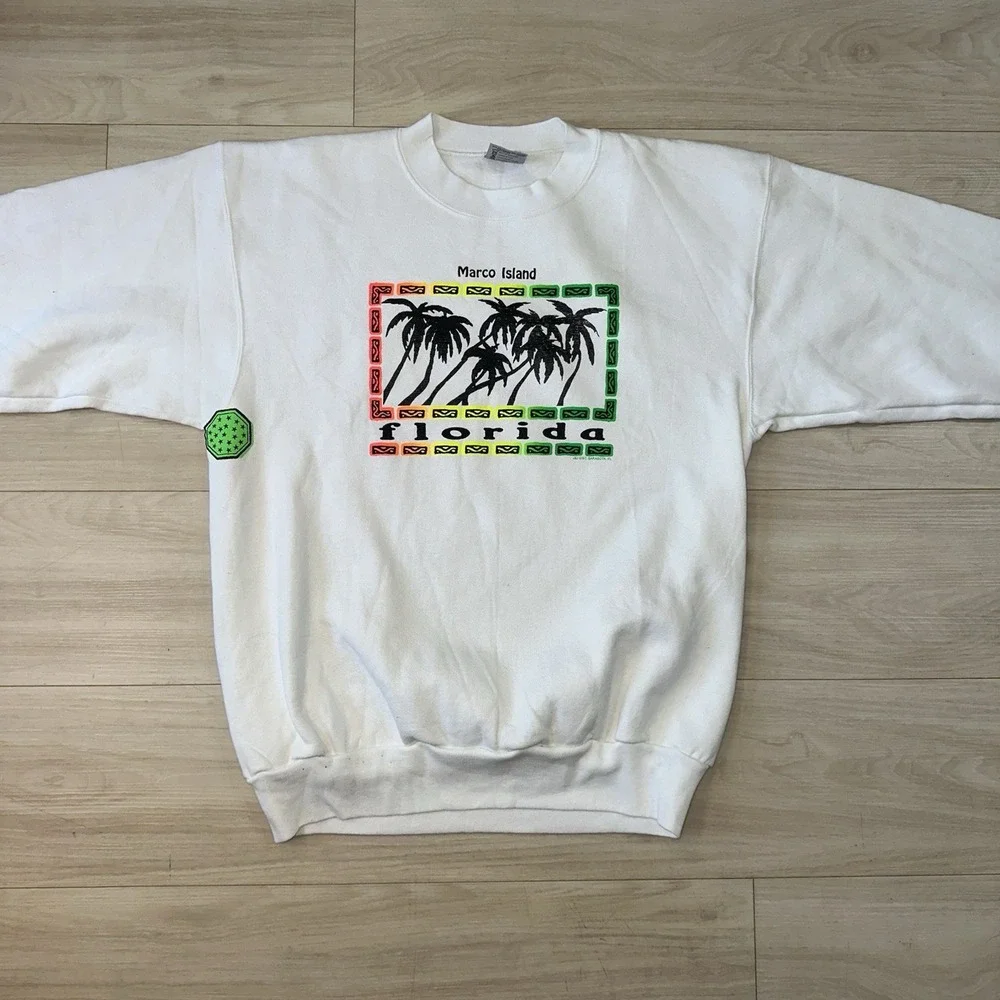 Vtg Marco Island Florida USA Crewneck‎ Sweater XL Graphic White Palm Tree Tropic